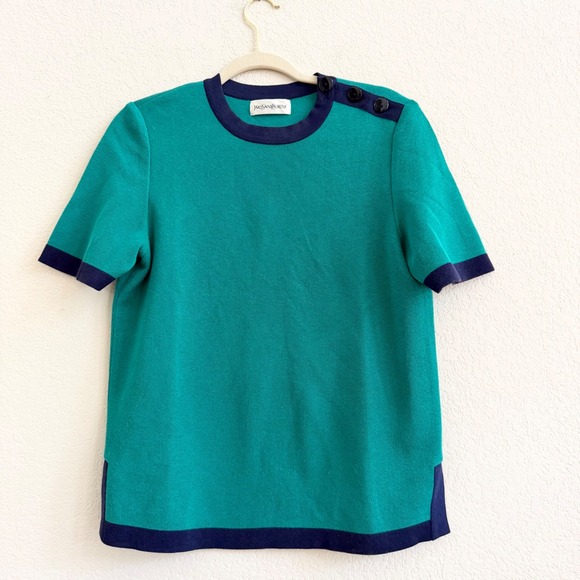 Yves Saint Laurent Sweaters - Yves Saint Laurent Vintage Knit Top Green Navy Blue Shoulder Button Short Sleeve